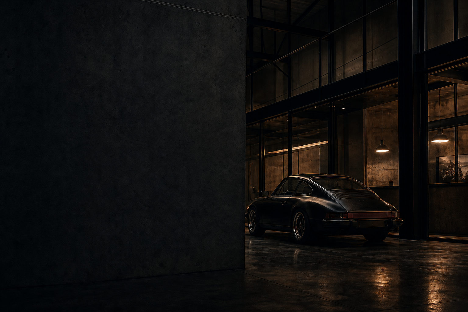 A dark classic sports car in a concrete, steel and glass architectural setting